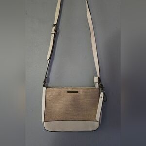 Frye And Co Elegant Cream and Tan Women's Crossbody Bag Cross Weave Patern.